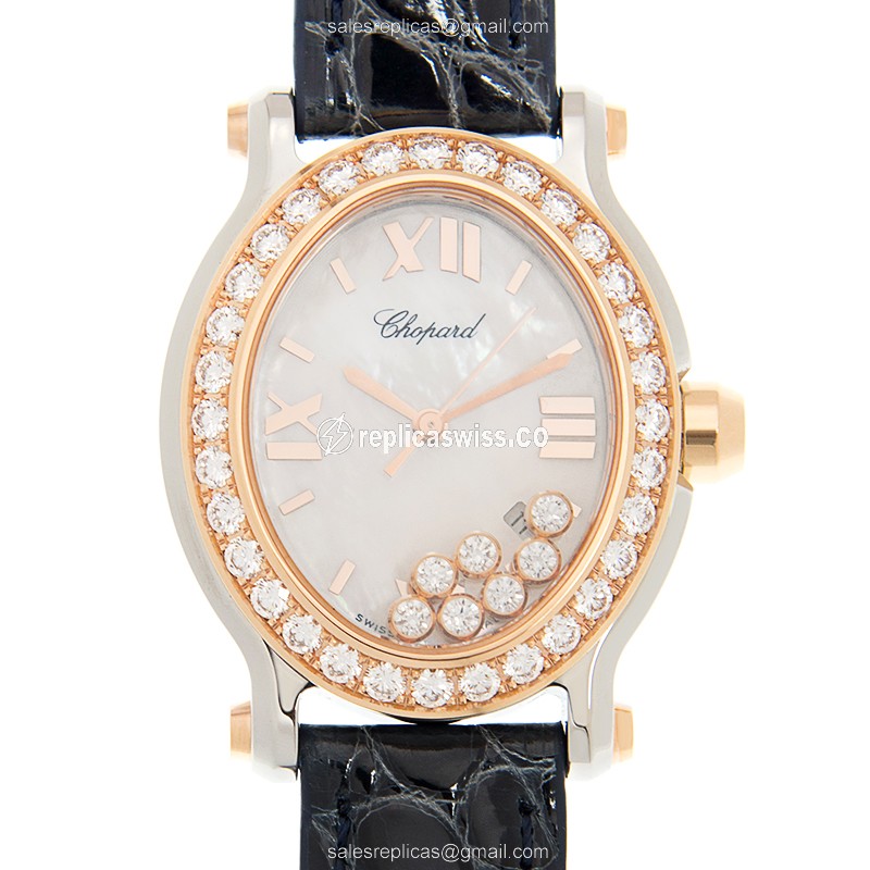 Chopard Happy Sport Quartz 18kt Rose Gold Steel White Dial Black Alligator Clasp
